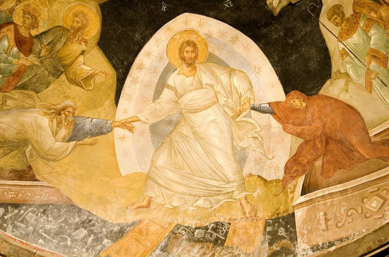 Resurrection of Christ depicted in 14th-century fresco in Chora Church, Istanbul, Turkey. <a href="https://www.gettyimages.com/detail/photo/resurrection-fresco-in-chora-church-istanbul-turkey-royalty-free-image/124516452?adppopup=true" rel="nofollow noopener" target="_blank" data-ylk="slk:LP7/Collections E+ via Getty Images;elm:context_link;itc:0;sec:content-canvas" class="link ">LP7/Collections E+ via Getty Images</a>