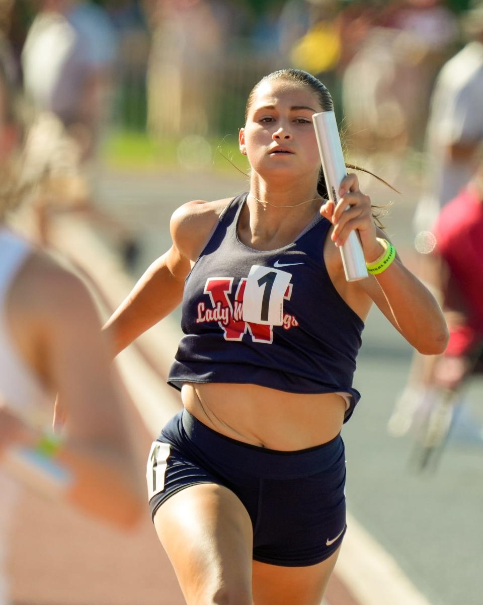 Tulare Western’s Ashlyn Reed during the 4x100 relay at the 2023 Central Section Track and Field Championship meet at Veterans Memorial Stadium in Clovis on Saturday.