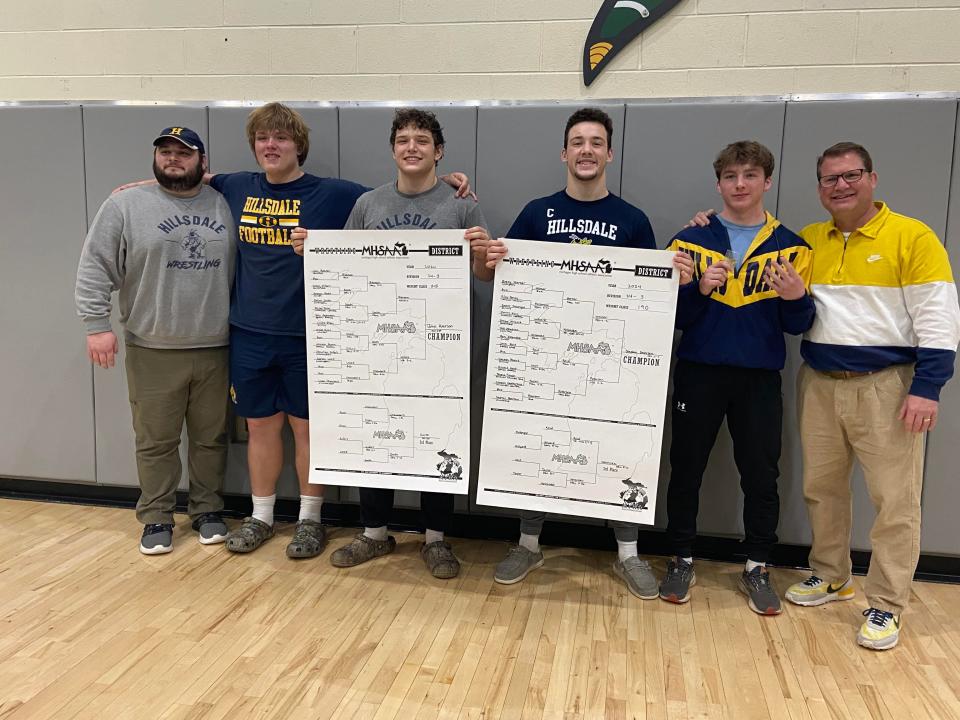 Hillsdale wrestling left District 24-3 with two champions (John and Stephen Petersen) and two medalists including Wyatt Wahtola and Miles Brown.