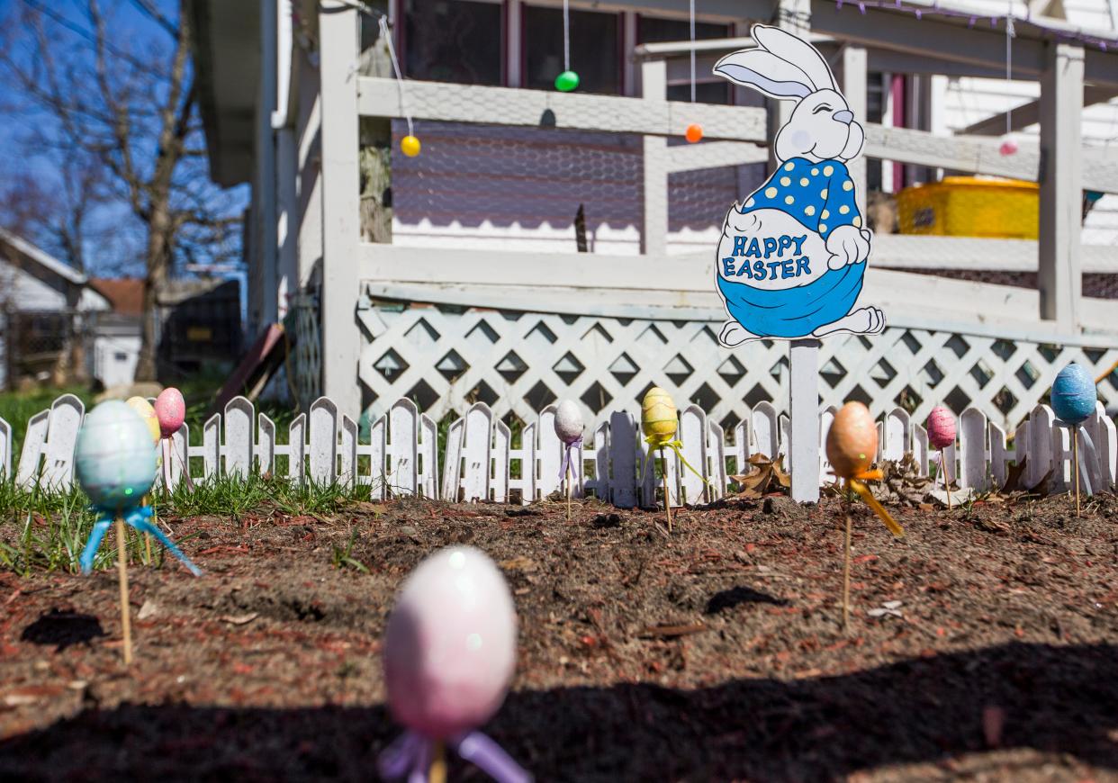 Easter decorations outside a home on W. Broadway Street in Mishawaka on April 2, 2020.