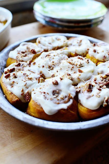 <p>Simple cinnamon rolls get a fall-ready makeover with canned pumpkin, warm spices and the best-ever cream cheese icing. You may never go back to the original</p><p><em><a href="https://www.thepioneerwoman.com/food-cooking/recipes/a11247/pumpkin-cinnamon-rolls/" rel="nofollow noopener" target="_blank" data-ylk="slk:Get the recipe from The Pioneer Woman »;elm:context_link;itc:0;sec:content-canvas" class="link ">Get the recipe from The Pioneer Woman »</a></em></p>