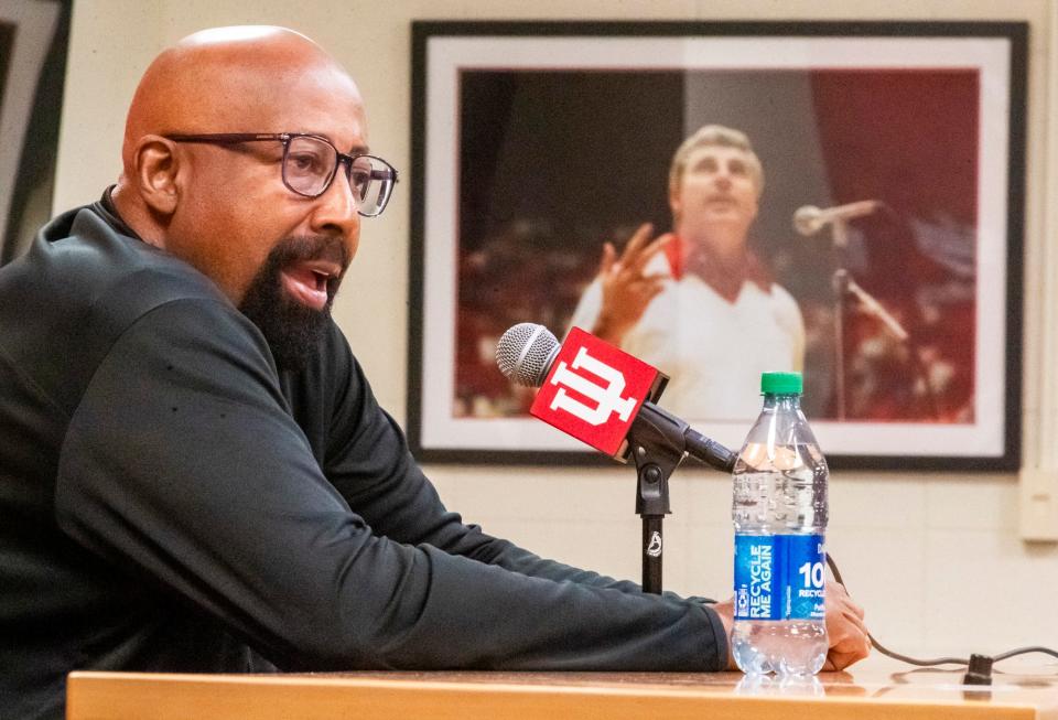 Indiana Head Coach Mike Woodson, who played for Bob Knight, speaks about his influence on him and others during a press conference at Simon Skjodt Assembly Hall on Thursday, Nov. 2, 2023.