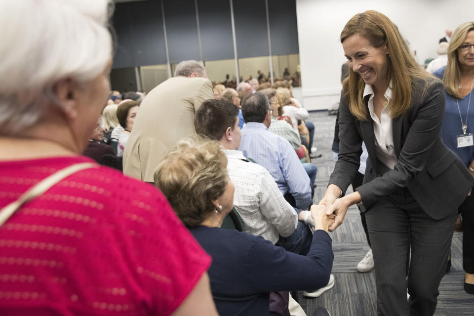 Democratic congressional candidate Mikie Sherrill greets voters during a candidate forum at the UJC of MetroWest New Jersey, Tuesday, Oct. 9, 2018, in Whippany, N.J. (AP Photo/Mary Altaffer)