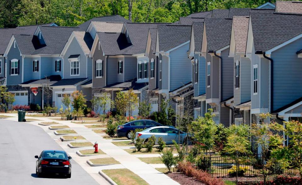 Recent built homes on Canyon Shadows Court in Cary, N.C., Tuesday, April 27, 2021.