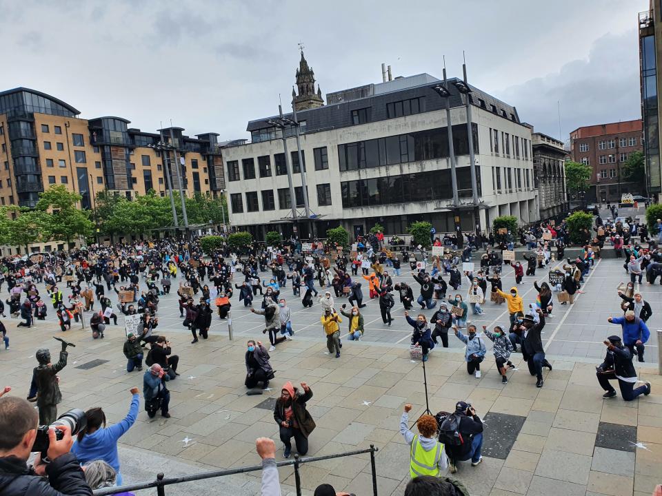 Protesters at a Black Lives Matter demonstration at Customs House Square in Belfast (Rebecca Black/PA)