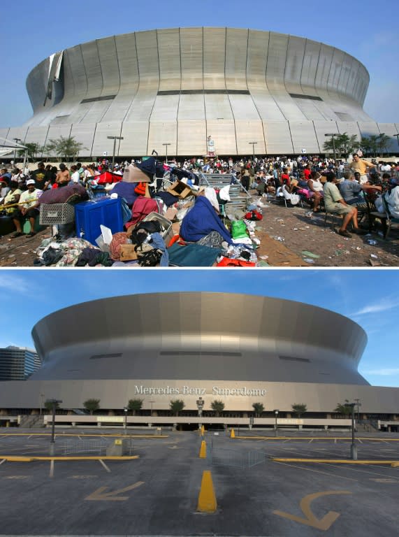In this combination of images, evacuees sit outside the Superdome in New Orleans, Louisiana in the aftermath of Hurricane Katrina on September 2, 2005 and the Superdome on August 17, 2015