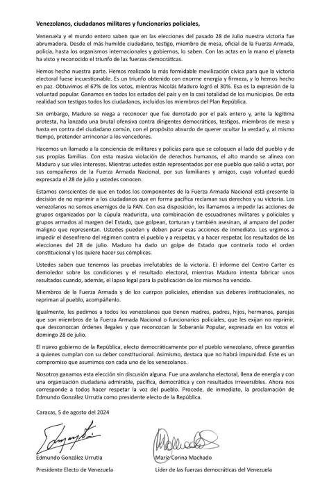 Comunicado MCM y EG Venezuela 5 agosto 2024