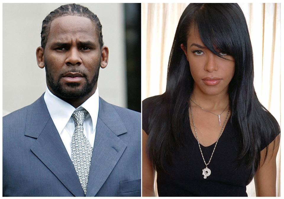 This combination photo shows singer R. Kelly in Chicago on May 9, 2008, and late R&B singer Aaliyah in New York on May 9, 2001.