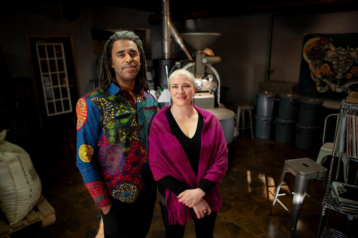 Gloria, right, and Okon Udosenata own Equiano Coffee Company, a special coffee roaster and tasting room in Eugene.