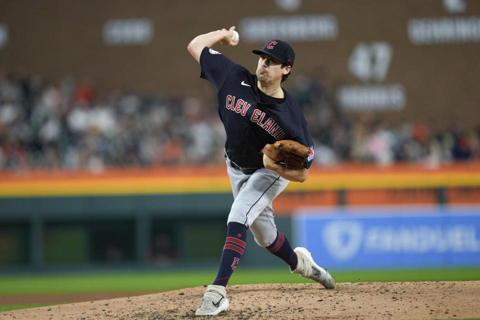 Cleveland Guardians starting pitcher Cal Quantrill throws against the Detroit Tigers in the third inning of a baseball game, Friday, Sept. 29, 2023, in Detroit. (AP Photo/Paul Sancya)