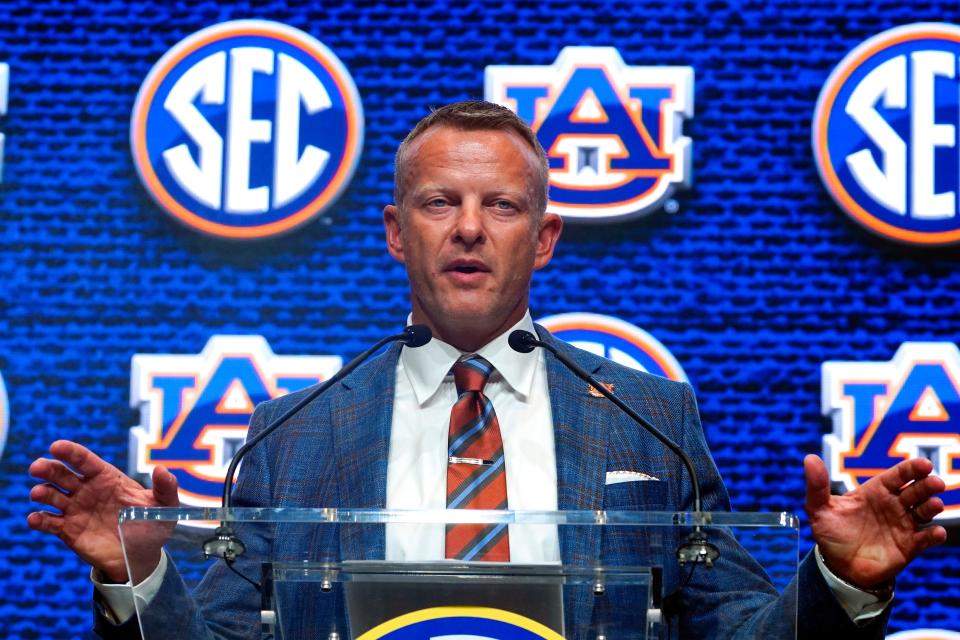 Auburn head coach Bryan Harsin speaks during SEC Media Days.