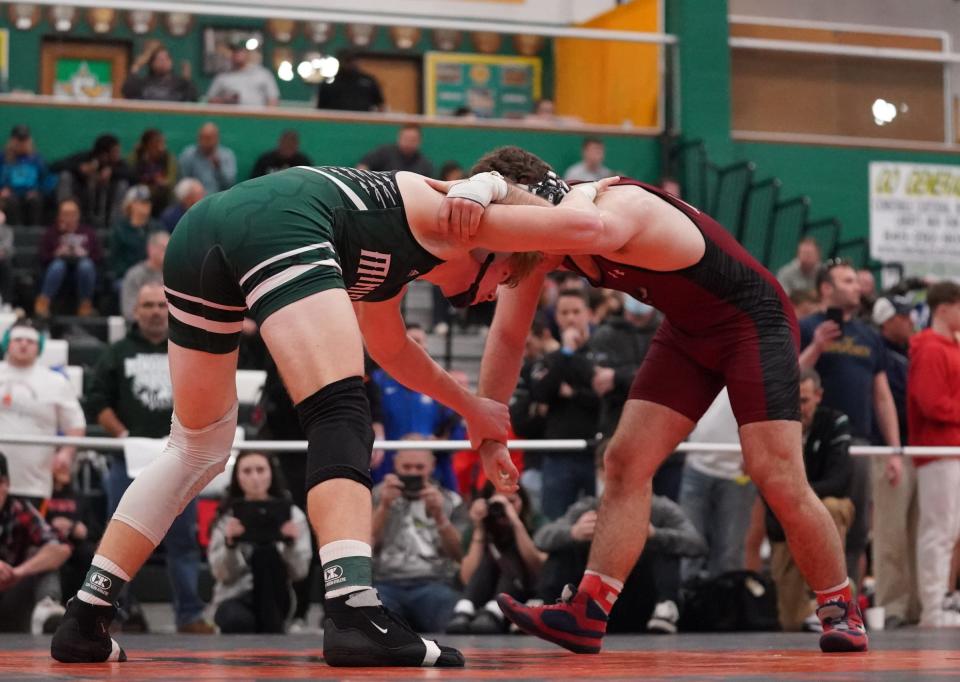 Nyack's Sam Szerlip wrestles Minisink Valley's Andrew Filip  in the 172-pound semi final match during day 2 of the 2023 Eastern States Classic wrestling tournament at SUNY Sullivan County in Loch Sheldrake on Saturday, January 14, 2023.