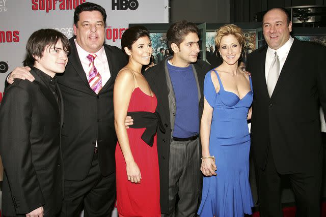 <p>Evan Agostini/Getty</p> Robert Iler, Steven R. Schirripa, Jamie-Lynn Sigler, Michael Imperioli, Edie Falco and James Gandolfini in 2006