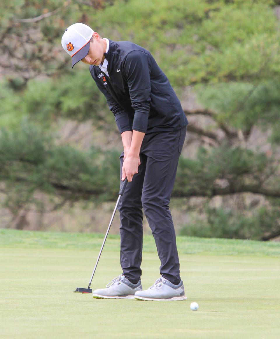 Brighton's Riley Morton was 11th with a 76 in the KLAA preseason golf tournament Thursday, April 20, 2023 at Kensington Metropark Golf Course.