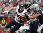FILE - In this Sept. 9, 2018, file photo, Houston Texans' J.J. Watt rushes during an NFL football game against the New England Patriots in Foxborough, Mass. Defending AFC South champ Houston has Deshaun Watson and DeAndre Hopkins along with J.J. Watt back healthy and in his prime. (AP Photo/Winslow Townson, File)