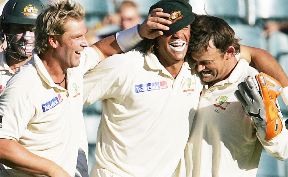 Shane Warne, Andrew Symonds and Adam Gilchrist, pictured here during a Test match in 2006.