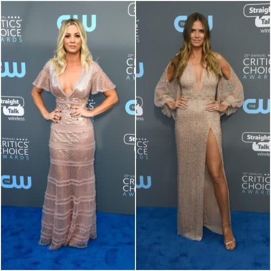 Heidi Klum also fell victim to twinning on the red carpet when Kaley Cuoco appeared wearing a very similar number. Photo: Getty Images