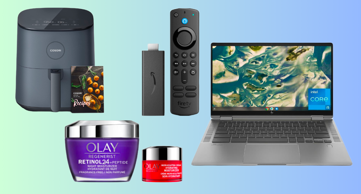 Prime day deals laptop air fryer, fire TV remote collage