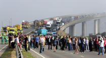 A general view of the scene on the London bound carriageway of the Sheppey Bridge Crossing near Sheerness in Kent following a multi vehicle collision earlier this morning.