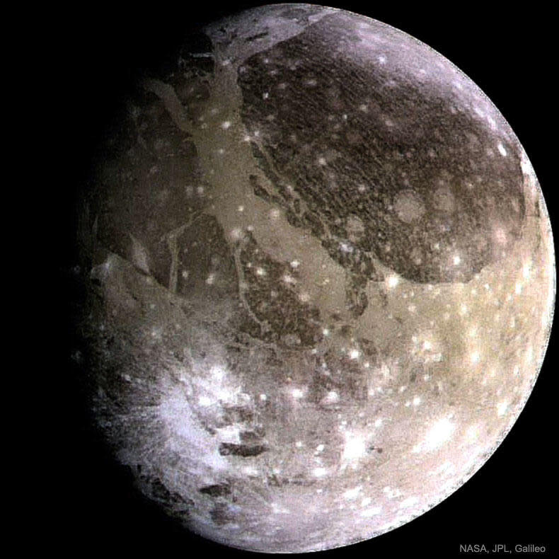 Jupiter's moon Ganymede, larger than both Mercury and Pluto, is thought to contain more water than Earth.  / Credit: NASA/JPL/Galileo Probe