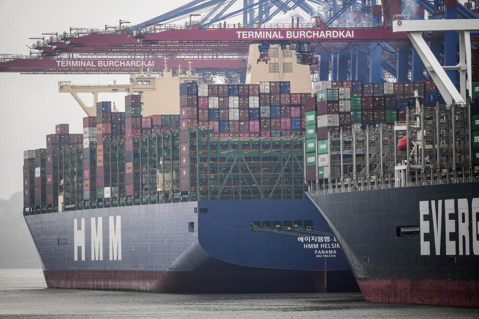 FILE --Container ships are seen at the Terminal Burchardkai at the port in Hamburg, Germany, Wednesday, Jan. 19, 2022. The harbor in Hamburg is Germany's largest seaport and the gateway for the country's export and import economy. (AP Photo/Martin Meissner,file)