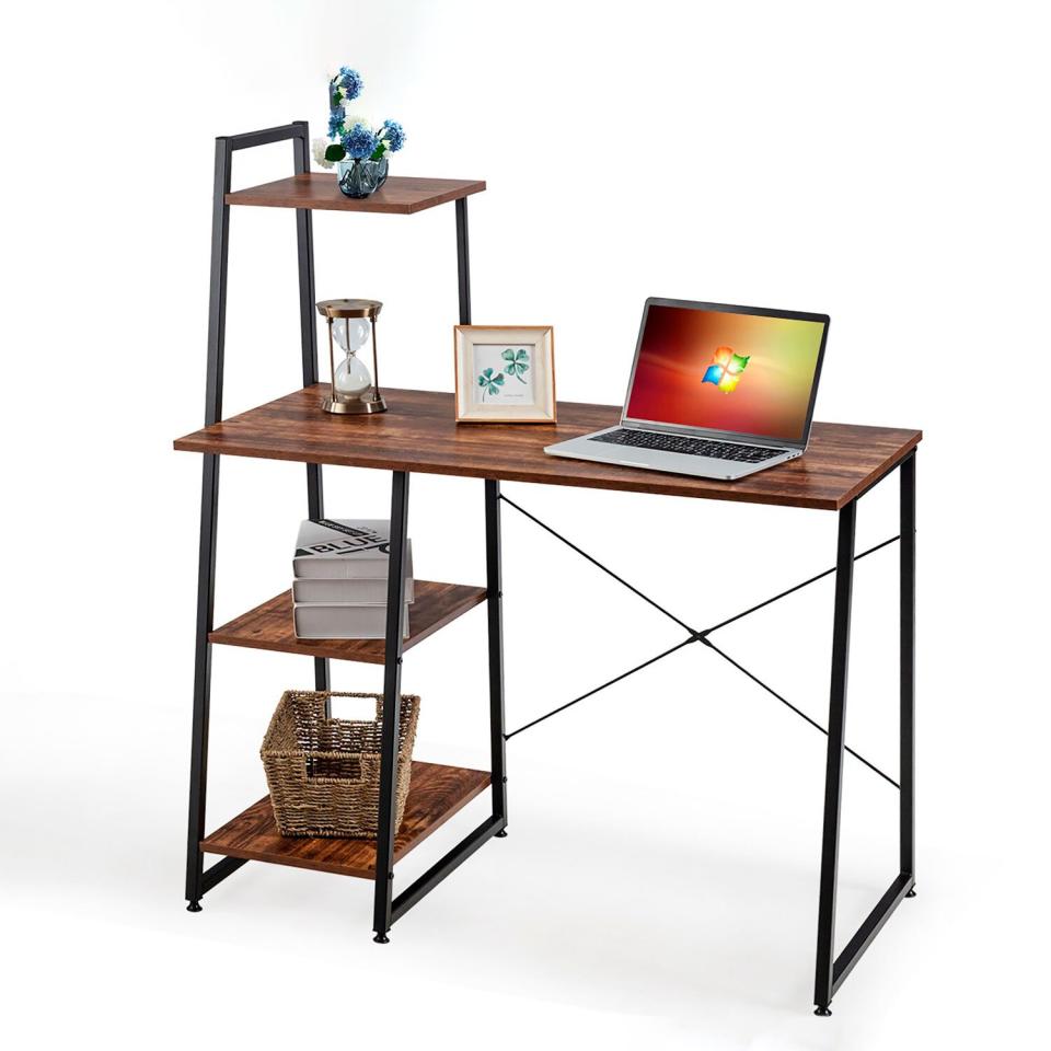 Costway Computer Desk with Shelves Study Writing Desk Workstation with Bookshelf Natural\Brown