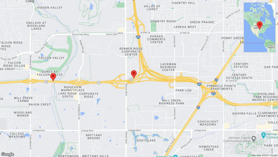 A detailed map that shows the affected road due to 'Drivers cautioned as heavy rain triggers traffic concerns on westbound K-10 in Lenexa' on May 31st at 5:22 p.m.