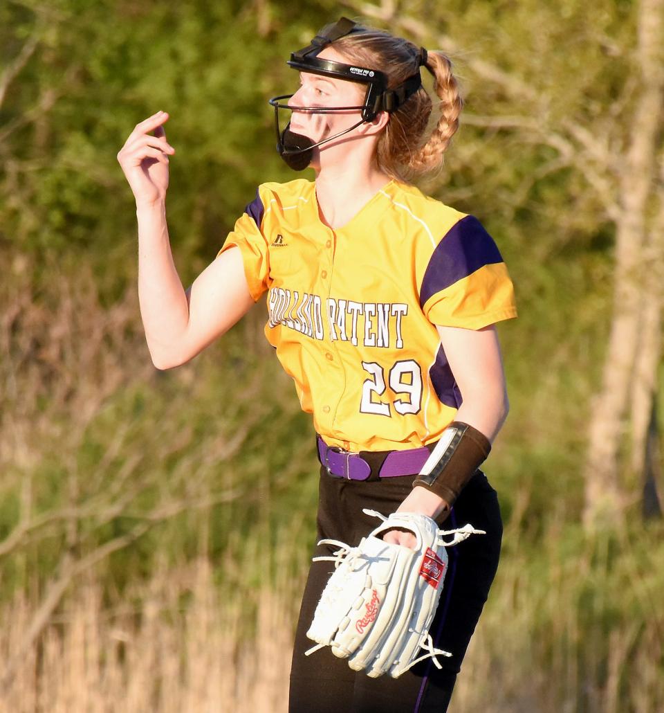 Holland Patent Hanna Rossi delivers a pitch in a May 11 no-hitter against Little Falls. Rossi and the Golden Knights are seeded fifth for Section III's Class B softball playoffs.