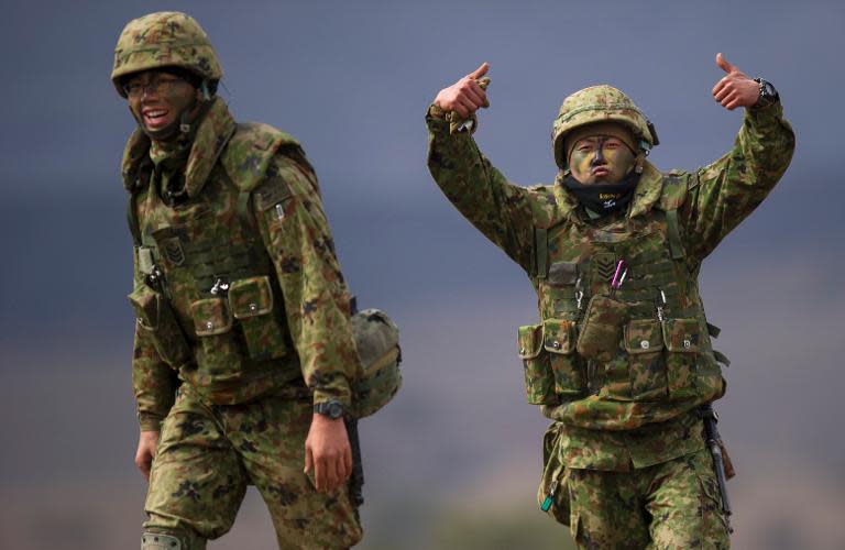 Japan Ground Self-Defense Force troops participate in the US-Japan military exercise Iron Fist 2014 outside the USMC base in Pendleton, California on February 6, 2014