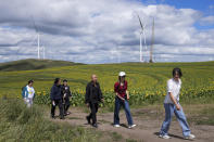 Tourists tour a sunflowers farmland with wind turbines in the background on the grassland in Zhangbei county, in north China's Hebei province on Aug. 15, 2022. The world's two biggest emitters of greenhouse gases are sparring on Twitter over climate policy, with China asking if the U.S. can deliver on the landmark climate legislation signed into law by President Joe Biden this week. (AP Photo/Andy Wong)