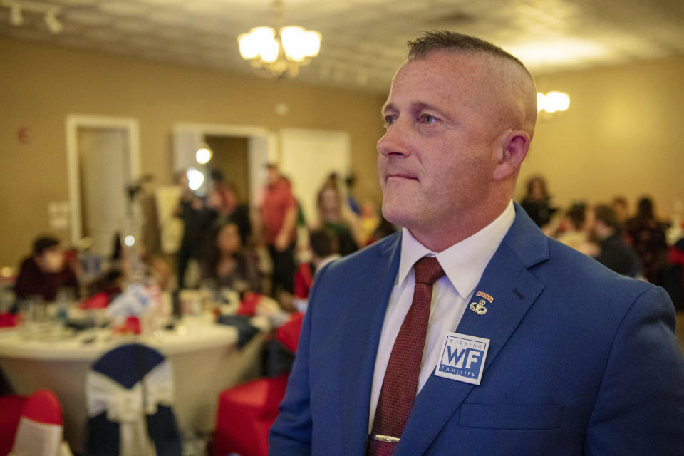 FILE - In this Nov. 6, 2018 file photo, Richard Ojeda, Democratic candidate for West Virginia's 3rd Congressional district, watches election results during his campaign's watch party at Special Occasions in Yuma, near Logan, W.Va Ojeda says his West Virginia congressional campaign was derailed by a Department of Veterans Affairs employee who's charged with leaking medical records. The former Democratic state senator and one-time presidential hopeful filed suit against the VA on Thursday, Aug. 22, 2019. He's seeking documents relating to the agency's investigation of former claims assistant Jeffery S. Miller. (Dylan Vidovich/The Logan Banner via AP)