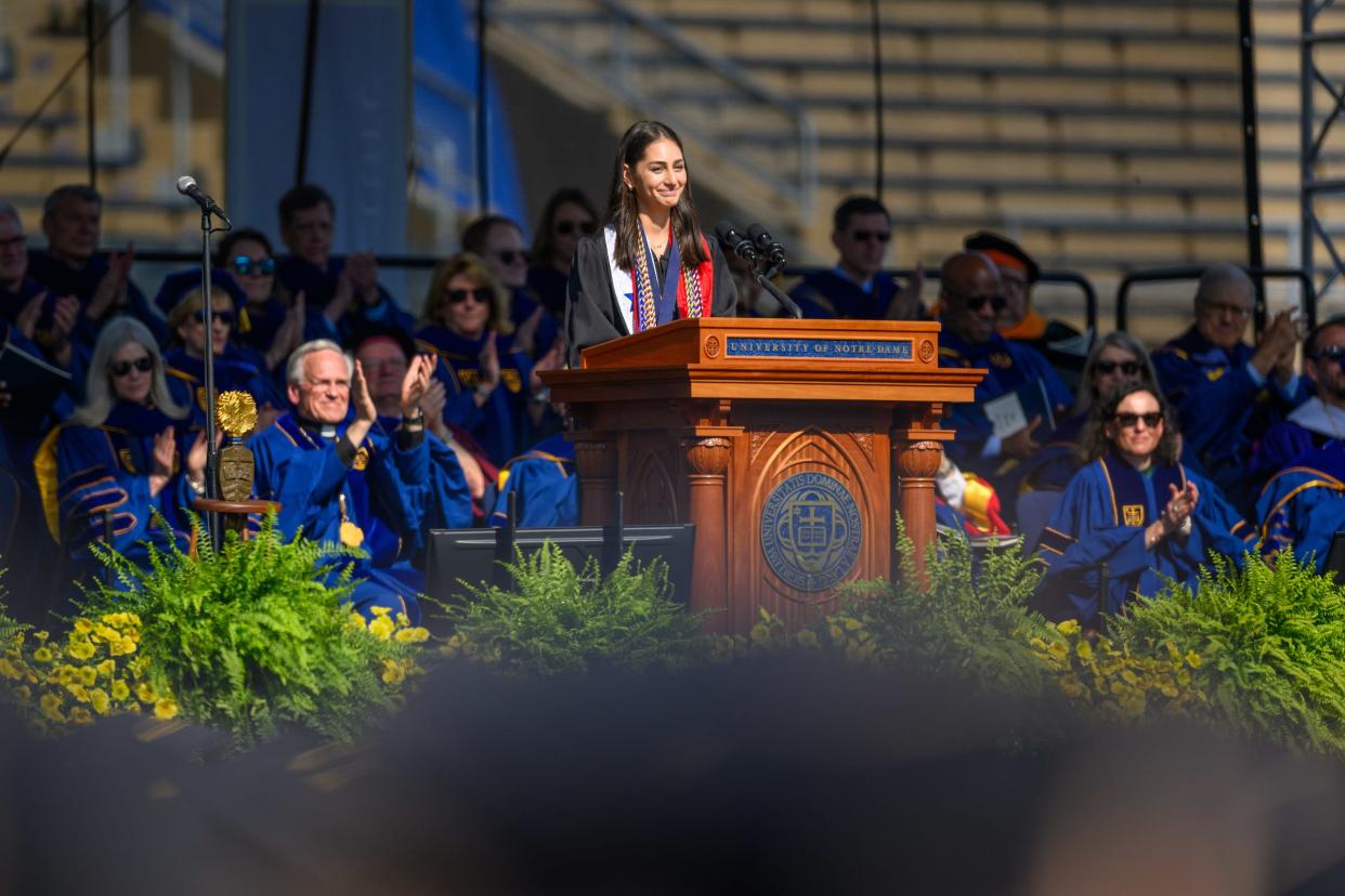 University of Notre Dame Valedictorian Isabela Tasende told her classmates and other attendees at the 2024 commencement ceremony of the importance of finding hope even in dark, challenging times. (Photo by Matt Cashore/University of Notre Dame)