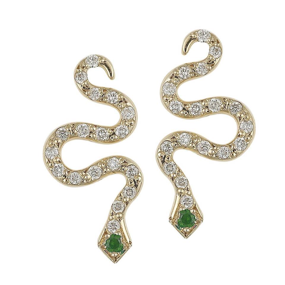 <p><a class="link " href="https://www.youronce.com/ileana-makri-02.0339.02.026-little-snake-18-karat-yellow-gold-diamond-and-tsavorite-stud-earrings.html" rel="nofollow noopener" target="_blank" data-ylk="slk:SHOP NOW;elm:context_link;itc:0;sec:content-canvas">SHOP NOW</a></p><p>Effortlessly elegant stud earrings from Ileana Makri's bestselling snake collection. </p><p>Yellow gold, diamond and tsavorite earrings, £1,110, Ileana Makri at Youronce.com</p>