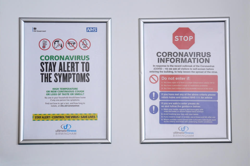 Coronavirus information is seen around the gym at Ultimate Fitness Gym in Birmingham as indoor gyms, swimming pools and sports facilities can reopen as part of the latest easing of coronavirus lockdown measures in England.