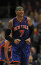 CHICAGO, IL - APRIL 10: Carmelo Anthony #7 of the New York Knicks reacts after turning the ball over against the Chicago Bulls at the United Center on April 10, 2012 in Chicago, Illinois. The Bulls defeated the Knicks 98-86. NOTE TO USER: User expressly acknowledges and agrees that, by downloading and or using this photograph, User is consenting to the terms and conditions of the Getty Images License Agreement. (Photo by Jonathan Daniel/Getty Images)