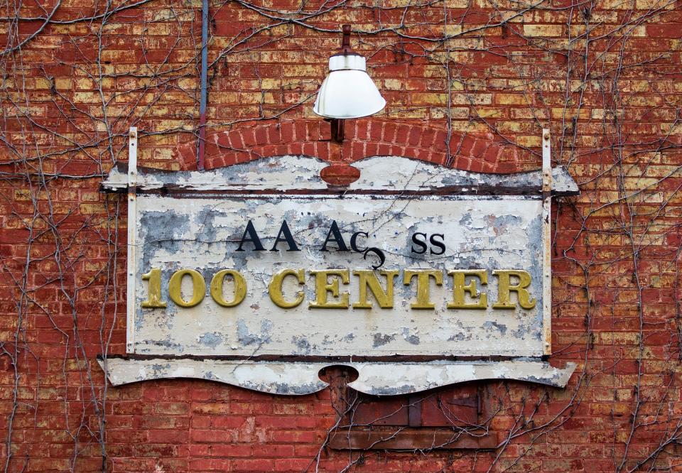 A sign on the 100 Center building still is affixed to the main building March 31 in Mishawaka.