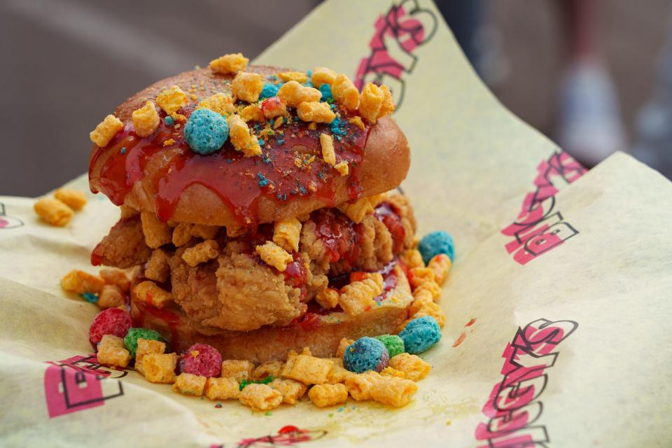 BiggyÕs Captain Crunch chicken sandwich with raspberry sauce, sold at the Arizona State Fair on Sept. 22, 2023, in Phoenix, AZ.