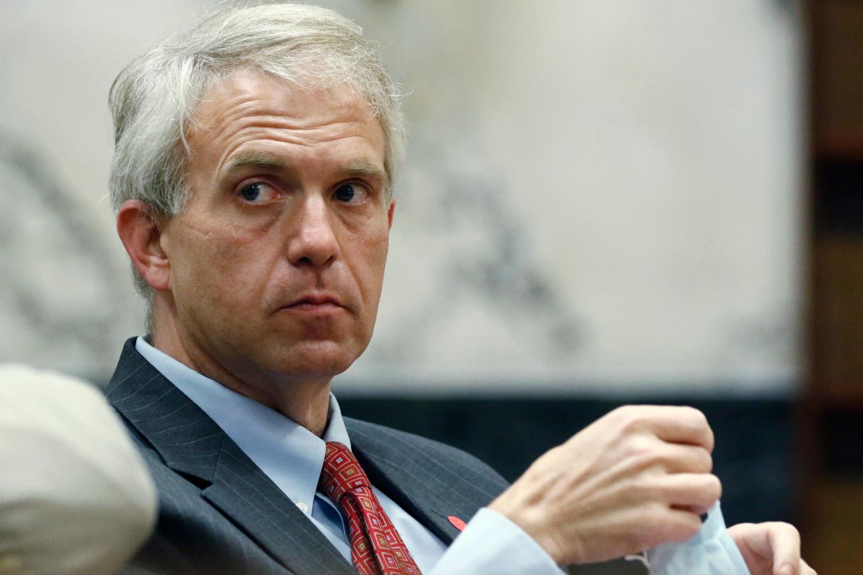 Public Service Commissioner Brandon Presley listens to discussion regarding the cost of providing broadband services to a low-income school children in a rural community, during a Senate distance learning hearing, Wednesday, May 13, 2020, at the Capitol in Jackson.