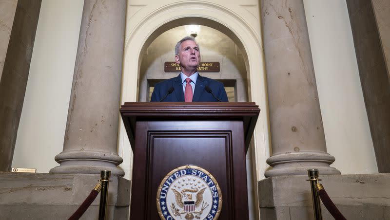Speaker of the House Kevin McCarthy, R-Calif., speaks at the Capitol in Washington, Tuesday, Sept. 12, 2023. McCarthy says he’s directing a House committee to open a formal impeachment inquiry into President Joe Biden.