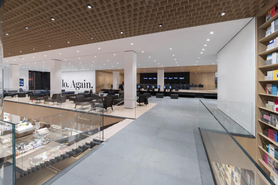 This undated image released by the The Museum of Modern Art shows an interior view of the West Lobby Lounge and Eli & Edythe Broad Ticketing Platform, part of the renovation and expansion effort at MoMA in New York. As the Museum of Modern Art in Manhattan prepares to reopen following a $450 million, 47,000 square foot expansion, visitors can prepare for much more than much-needed elbow room there - and new juxtapositions of works meant to encourage broader perspectives and new narratives. (Iwan Baan/MoMA via AP)