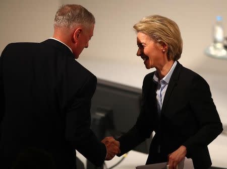 German Defence Minister Ursula von der Leyen shakes hands with U.S. Defense Secretary Jim Mattis at the start of the 53rd Munich Security Conference in Munich, Germany, February 17, 2017. REUTERS/Michael Dalder