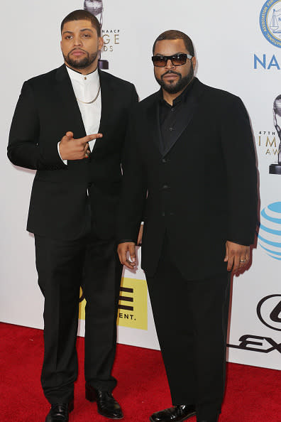 Father-son power duo O’Shea Jackson Jr. with O’She Jackson Sr. (otherwise known as Ice Cube) at the 47th NAACP Image Awards at Pasadena Civic Auditorium in Pasadena, California.