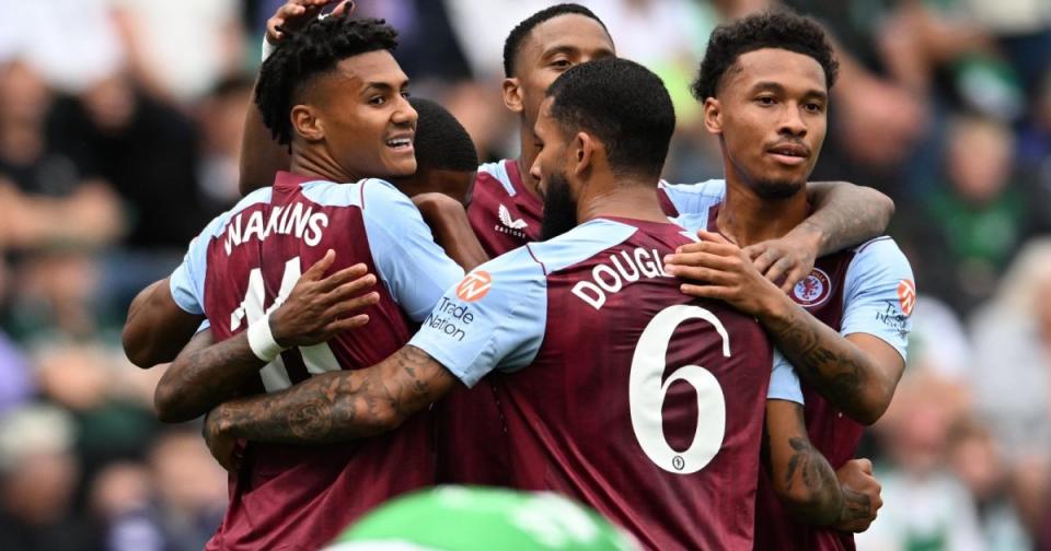 Aston Villa players celebrate Ollie Watkins' goal against Hibs. Credit: Alamy