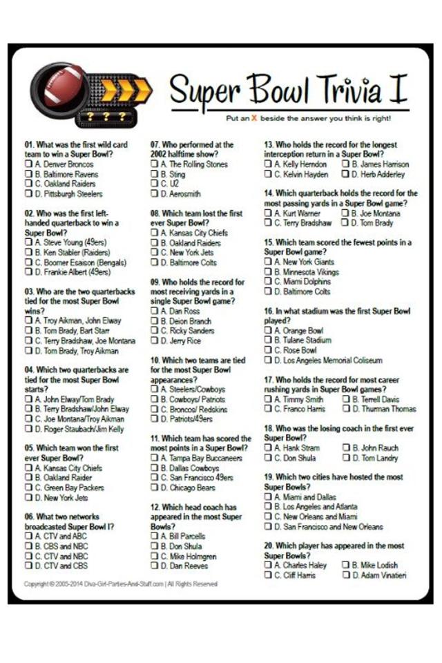 Free Printable Super Bowl Trivia Questions And Answers Printable