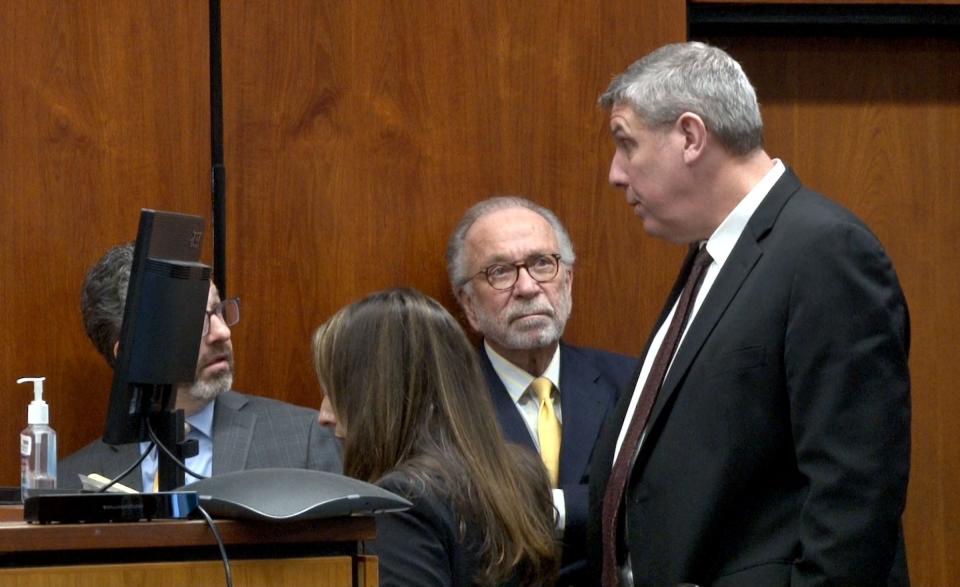 Chief Trial Attorney Michael Weatherstone (right) speaks at sidebar with (l-r): defense attorney Phil Nettl, Supervising Assistant Prosecutor Kristin Pressman, and defense attorney Steven Altman during Sherry Lee Heffernan's trial before Superior Court Judge Kimarie Rahill in Toms River Thursday, February 22, 2024. Heffernan is charged with the Surf City murders of her father John Enders and his girlfriend Francoise Pitoy.