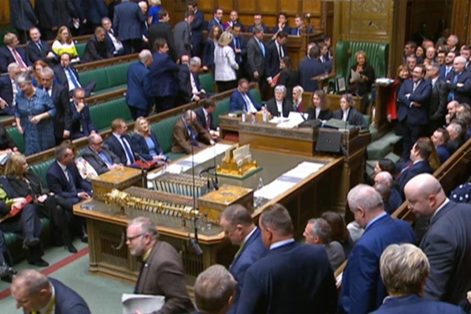 Conservative Party and SNP MPs leave the chamber on Wednesday evening (Parliament TV)