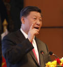 Chinese President Xi Jinping addresses a gathering at Soltee Hotel in Kathmandu, Nepal, Saturday, Oct. 12, 2019. Xi on Saturday became the first Chinese president in more than two decades to visit Nepal, where he's expected to sign agreements on some infrastructure projects. (Bikash Dware/The Rising Nepal via AP)