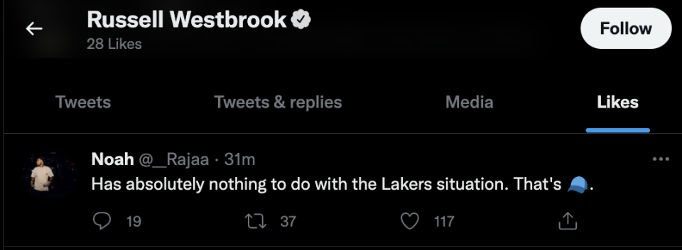 Zrzut ekranu polubień Russella Westbrooka na Twitterze.  (Świergot)