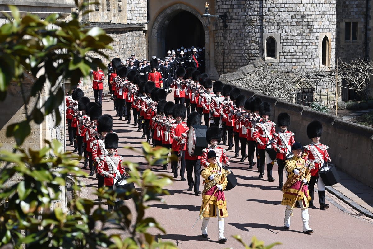 The Foot Guards Band are seen marching ahead of the funeral of Prince Philip, Duke of Edinburgh at Windsor Castle (WPA Pool/Getty Images)