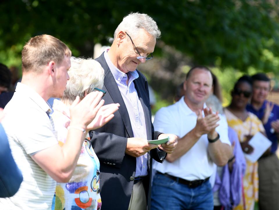 Former Mount Union head football coach Larry Kehres is honored during the dedication of Kehres Stadium on campus  in 2022.